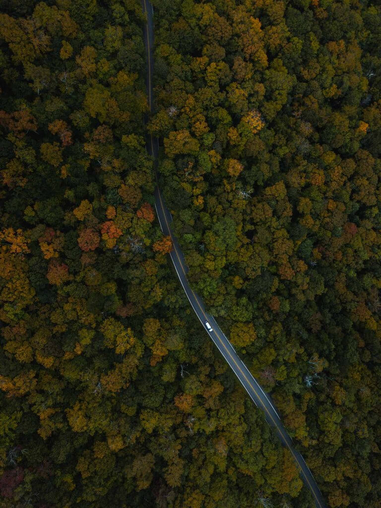 aerial drone shot road in vermont fall colors